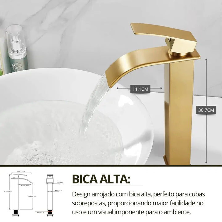 Torneira Para Banheiro Bica Alta Cascata Dourada 5